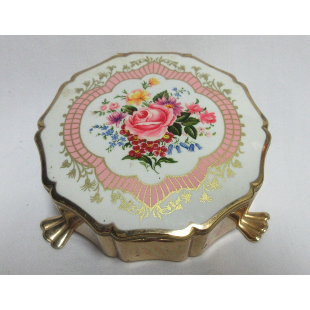 VTG Stratton 3 Foot Gold Tone Pink Rose Floral Victorian Trinket Jewelry Box